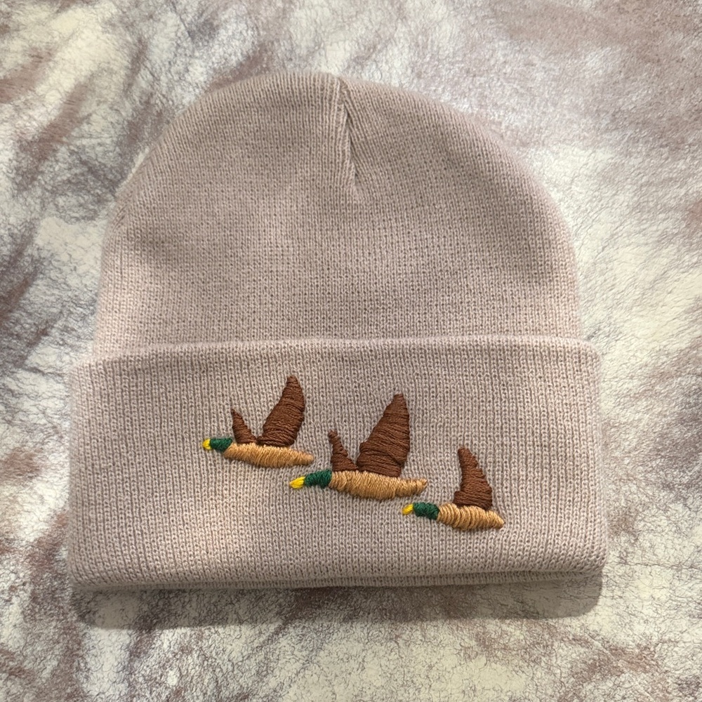 Kids Beige Beanie with Embroidered Ducks